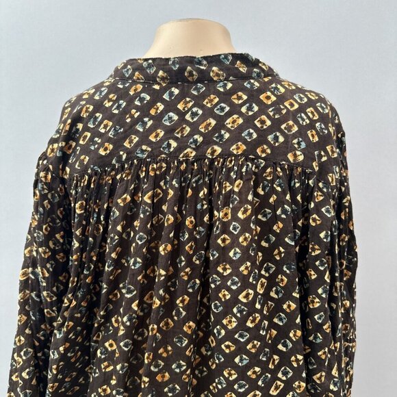 Anthropologie Boho Flowy Button-Down Tunic Blouse Cotton Brown Yellow Pattern S - Picture 10 of 11